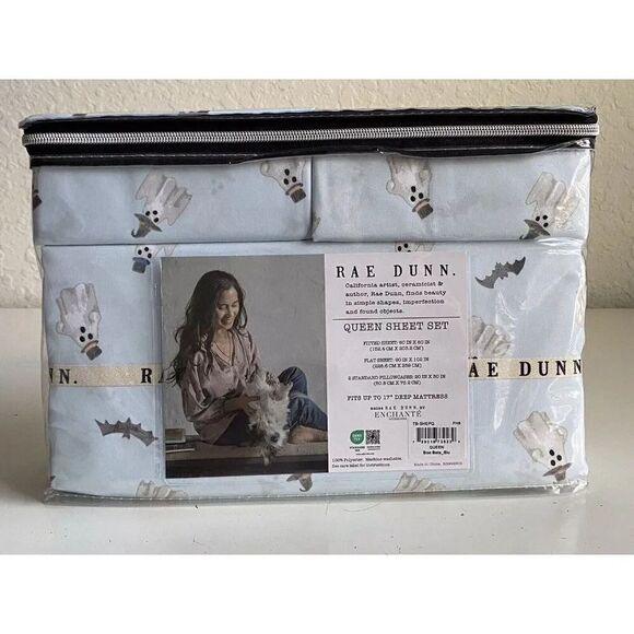 4 Pc Rae Dunn Halloween QUEEN Sheet Set Halloween Ghosts With Hats Boo Bats Blue - Picture 6 of 12